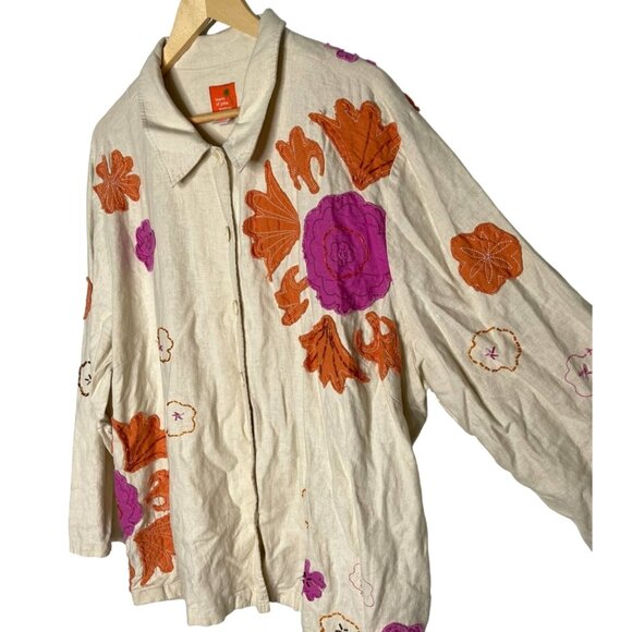 Hearts of Palm Womans 24 Embroidered LINEN Button Up Long Sleeve Shirt Tan Pink - Picture 3 of 8